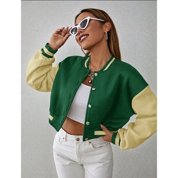 Shein Colorblock Drop Shoulder Crop Varsity Jacket Dark Green - Picture 2 of 9